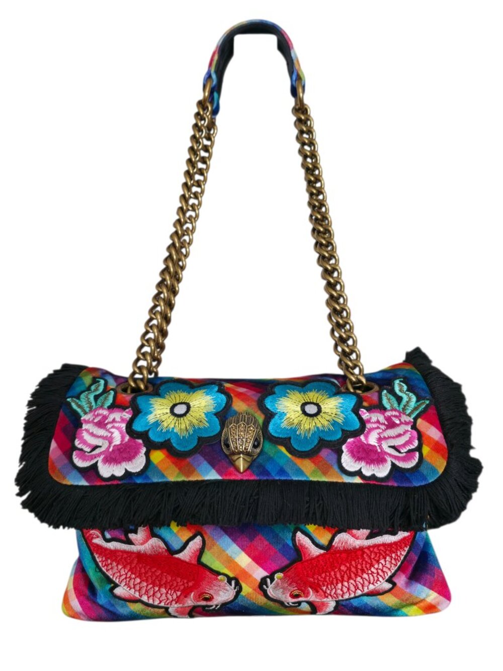 Kurt Geiger Kensington Koi Fish Bag in Rainbow Multicolor Embroidered Velvet